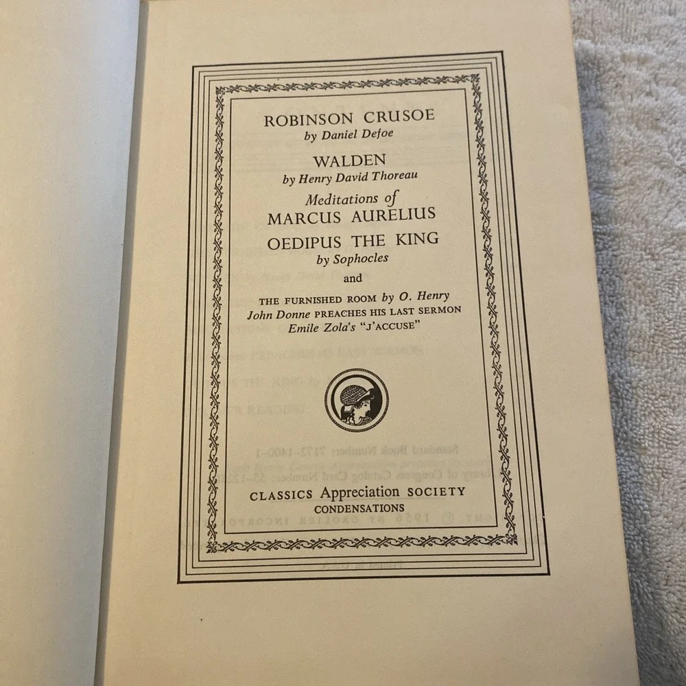 Grolier Classics Robinson Crusoe, Walden ,Marcus Aurelius, Oedipus the King 1956